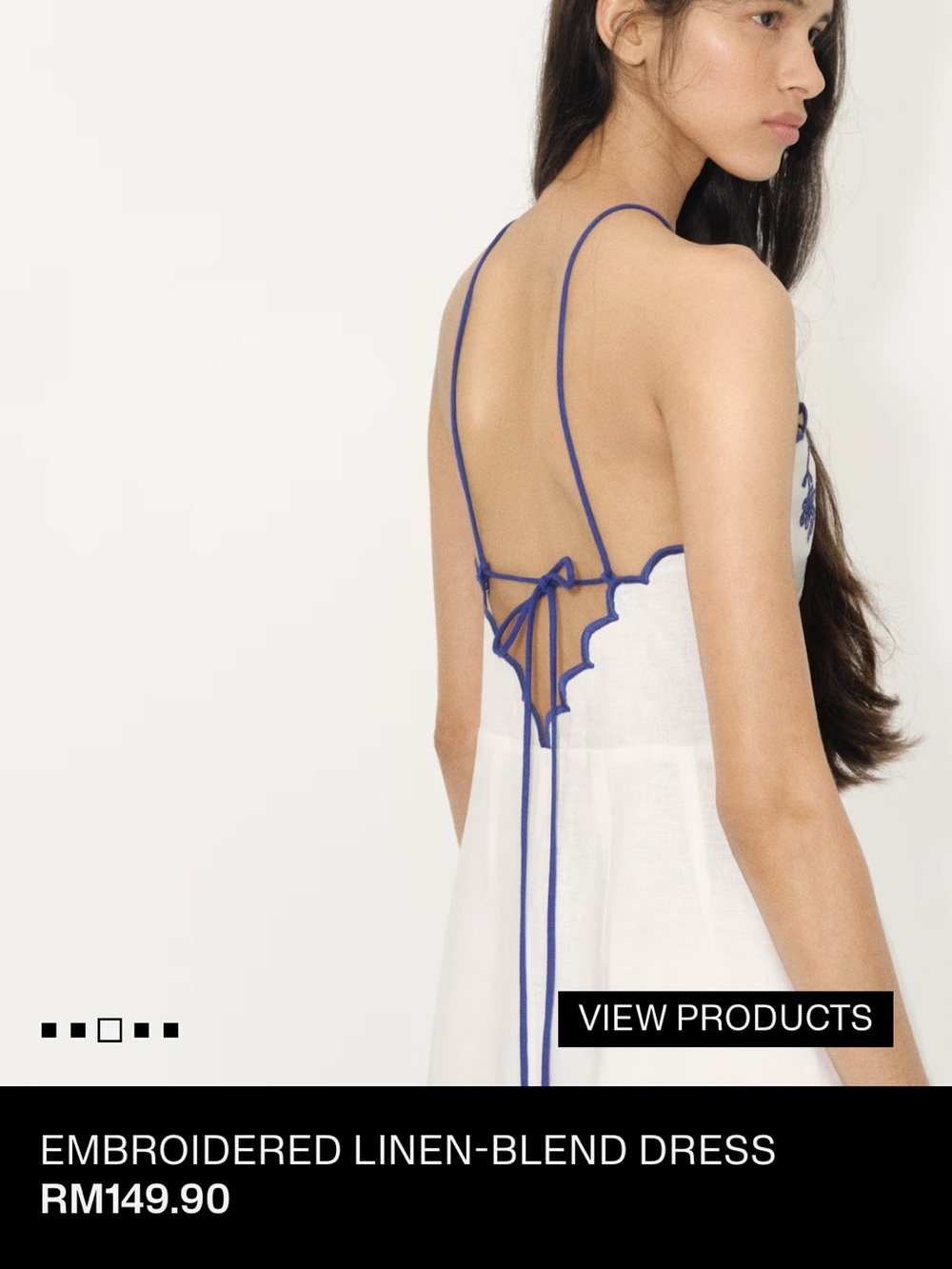 H&M White Backless Linen-Blend Dress with Blue Trim